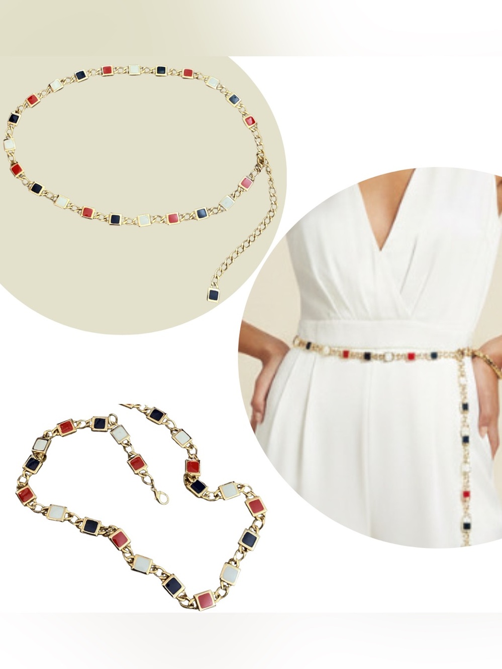 Vintage Gold Chain Belt with Red, Navy Blue and White Enamel Squares